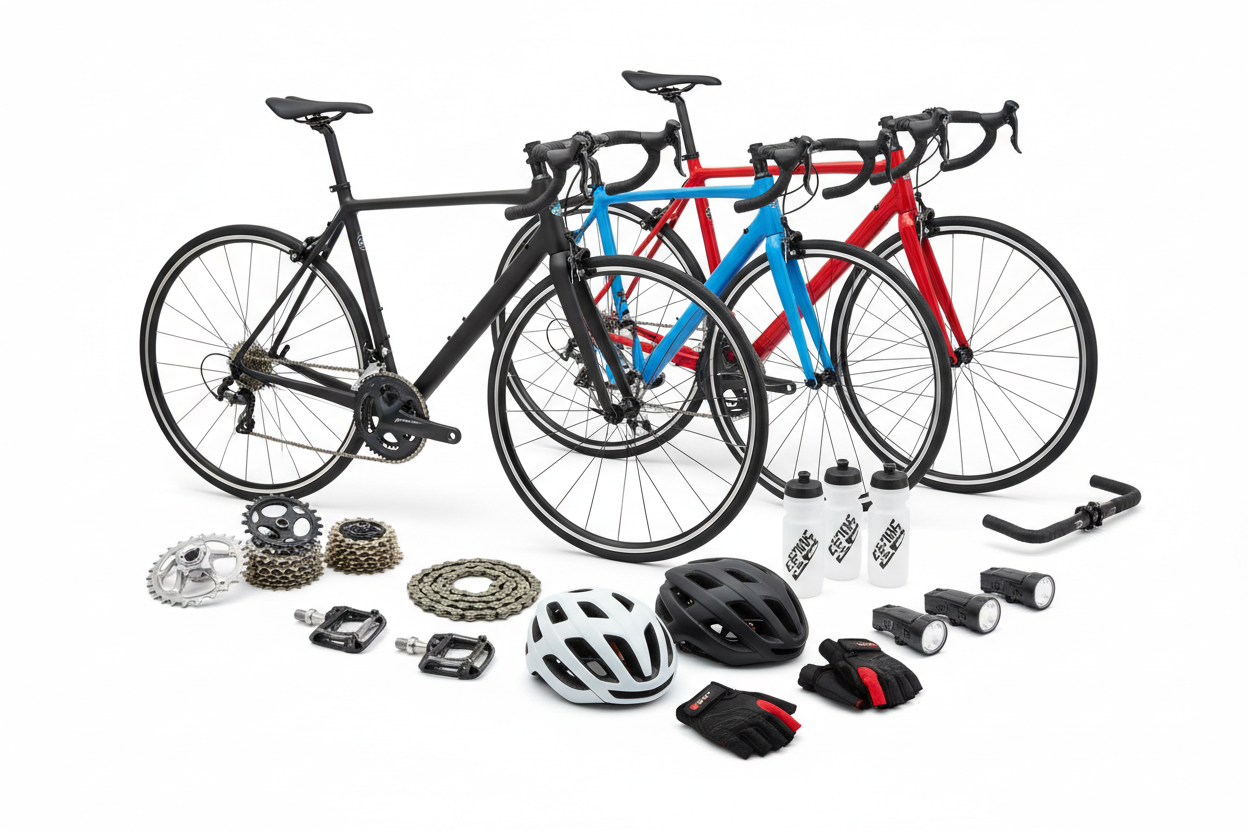 Bikes, with bike parts, riding accessories, with a #ffffff background