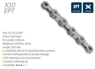 KMC X10 EPT X-Series 10 Speed EcoPro TeQ Coating Chain 116L With Connect Link - DARK SILVER