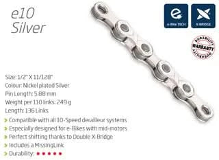 Extra Long KMC E10 10 Speed Chain With Connect Link 136L - Silver