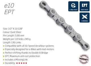 Extra Long EcoPro TeQ Coating KMC E10 EPT 10 Speed Chain 136L With Connect Link - Dark Silver