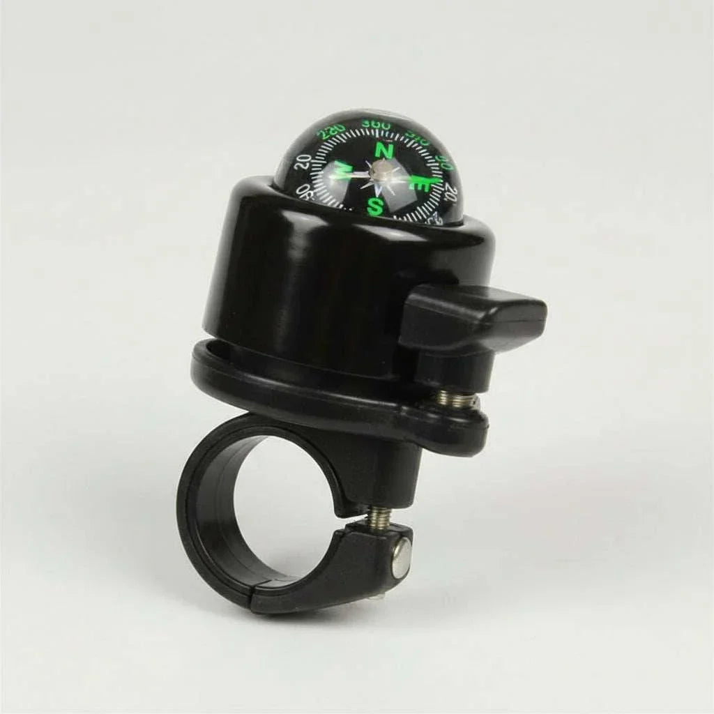 Compact black alloy flick bell with integrated compass for 25.4mm handlebars
