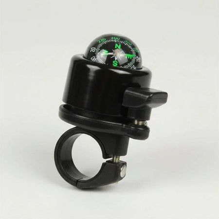 Compact black alloy flick bell with integrated compass for 25.4mm handlebars