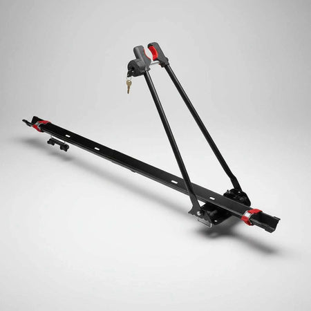Lockable universal bicycle mount roof rack securing standard bike on vehicle roof