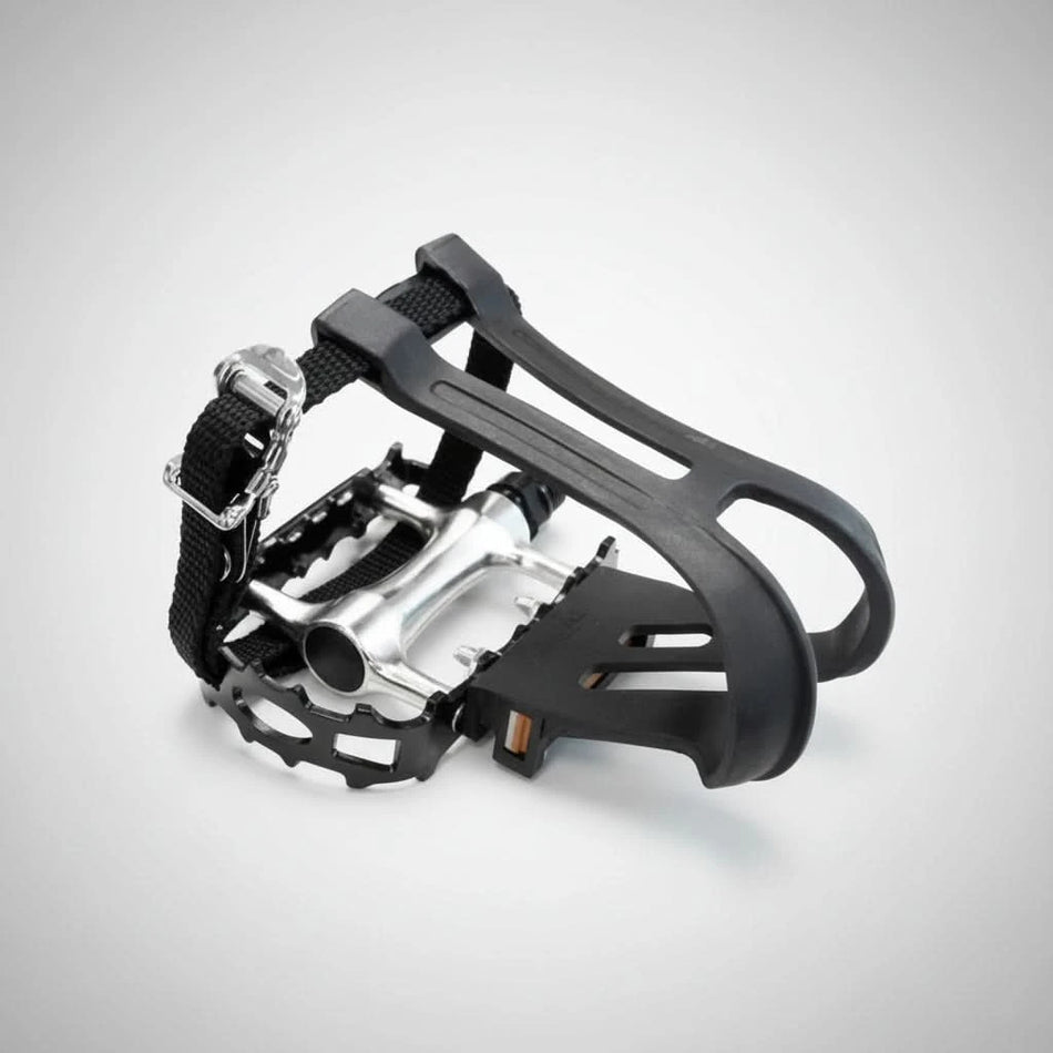 PEDALS 9/16" Axle MTB Silver Body Cage With Toe Clip & Straps - Black