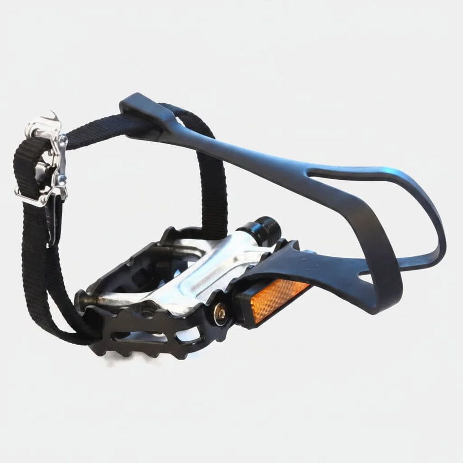 PEDALS 9/16" Sealed Bearings Alloy With Toe Clip/Strap - Silver/Black