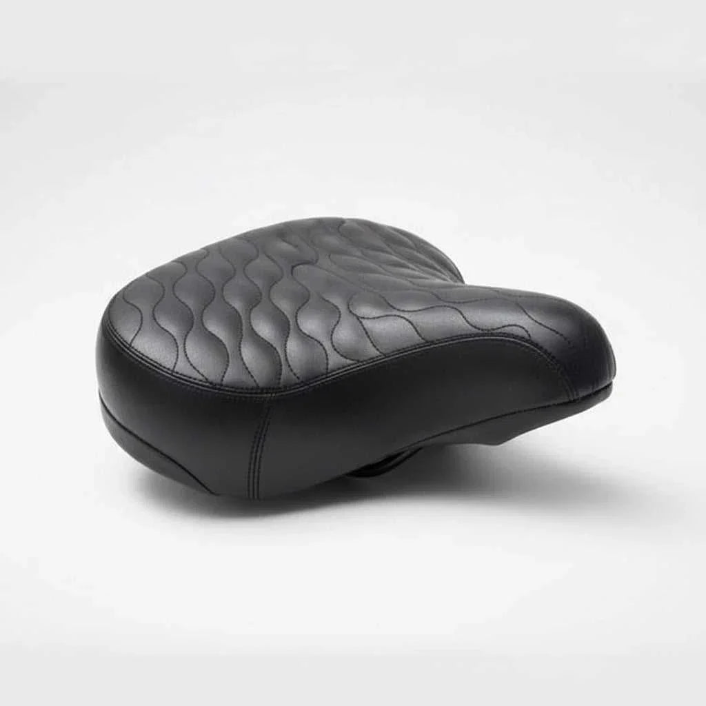 Soul Cruiser black cruiser bike saddle with classic quilted stitching and dual comfort springs, 265x255mm size