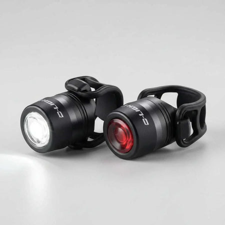 D-Light front and rear alloy USB rechargeable bike light set with three modes and helmet mount