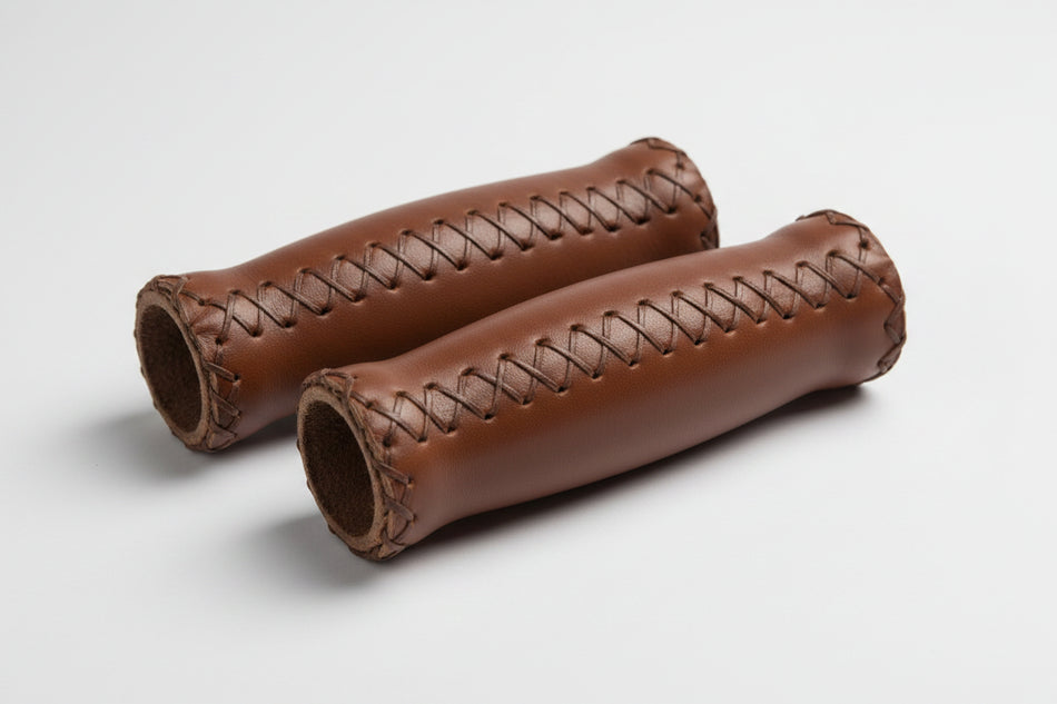 Classic Retro Handlebar Grips Hand Stitched With Plugs - Brown