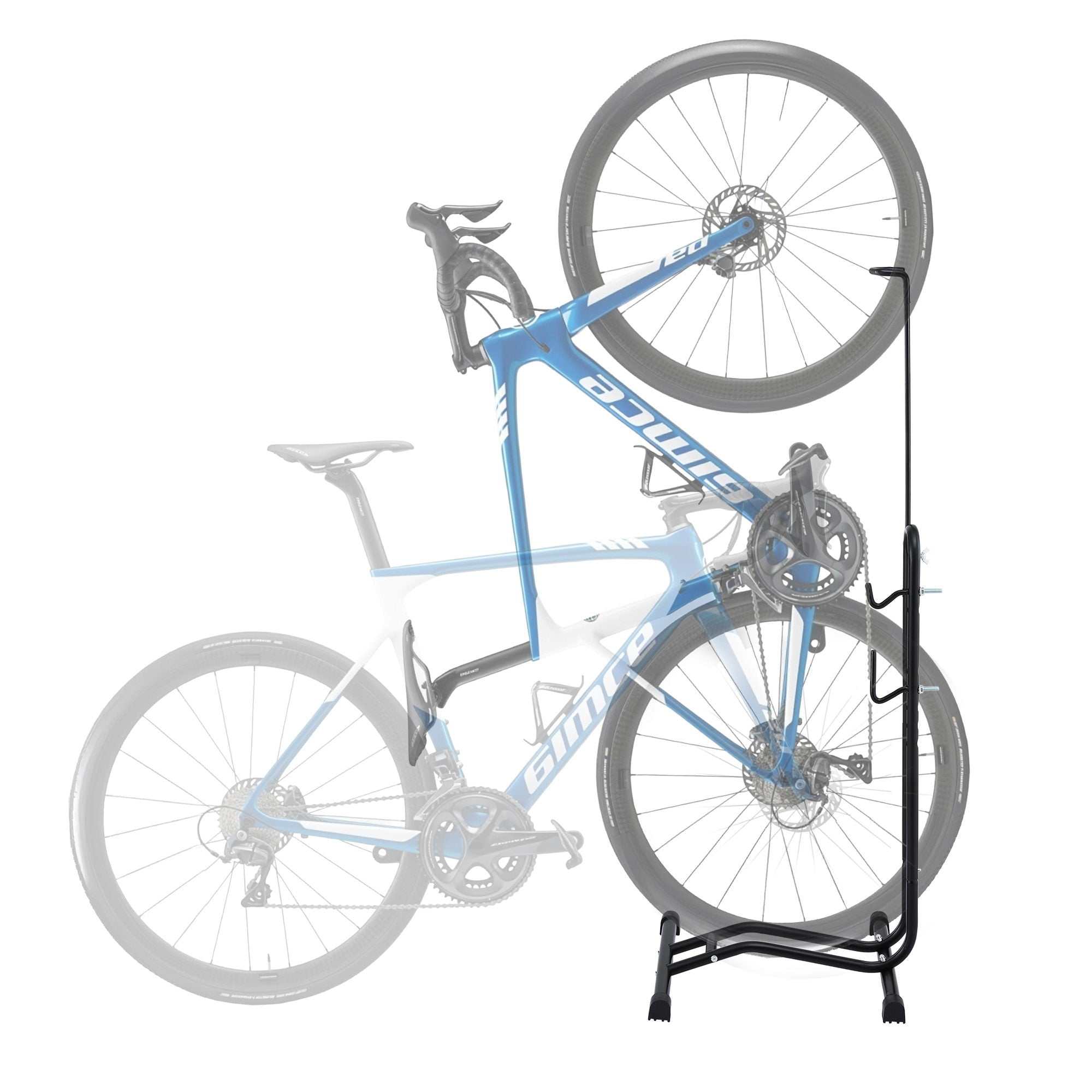 Adjustable 4-in-1 bike parking stand made of heavy-duty steel for vertical and horizontal storage, maintenance, and space-saving durability.