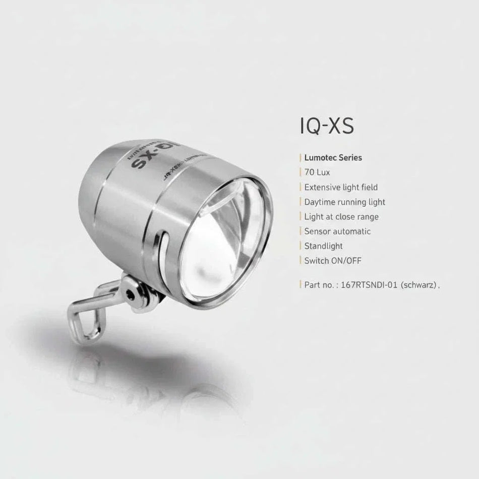 BUSCH & MULLER Dynamo LED Front Light Lumotec IQ-XS silver alloy bright 70 lux sensor switch standlight