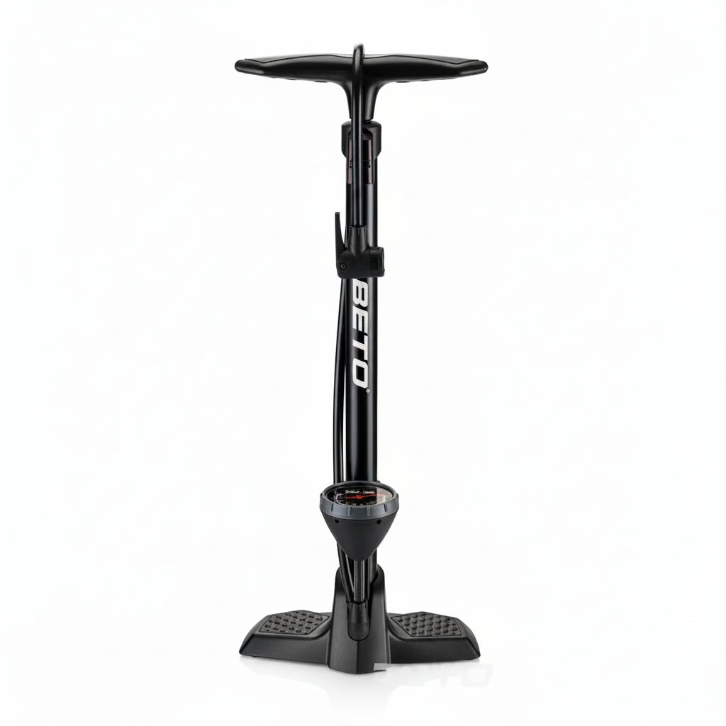 BETO Python Floor Pump 26-inch tall steel barrel with 3.5-inch gauge and 160 PSI pressure for precise bike tire inflation
