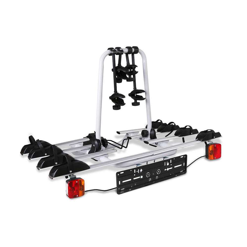 Silver Giantz 4 bicycle bike carrier rack mounted on car towbar with tail lights