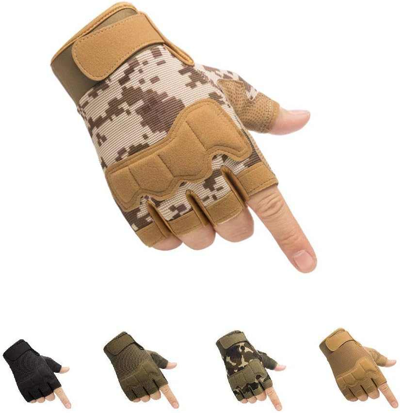 Tactical fingerless gloves with breathable nylon, reinforced knuckle protection, and anti-slip grip pads.
