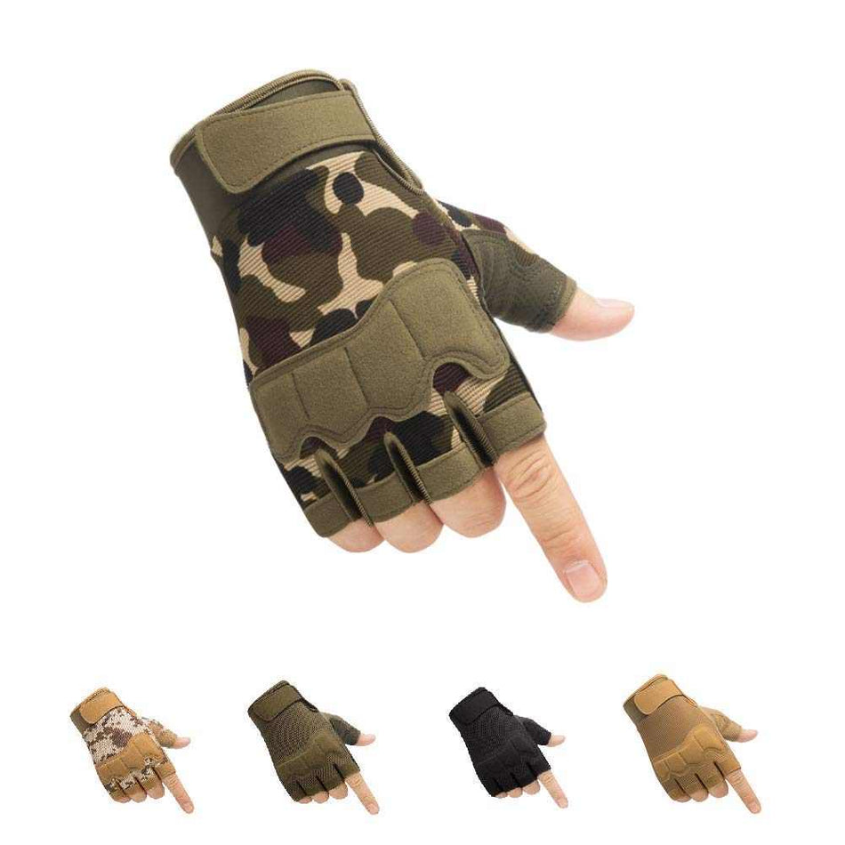 Tactical fingerless gloves with breathable knitted nylon, reinforced padding, and anti-slip grip for outdoor and fitness activities