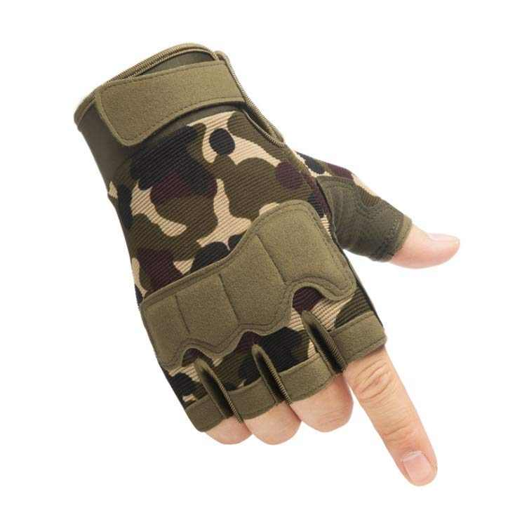 Tactical fingerless gloves with breathable knitted nylon, reinforced padding, and anti-slip grip for outdoor and fitness use