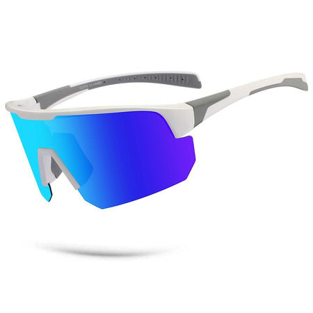 High-end polarized sports sunglasses with white frame and blue accents designed for outdoor activities