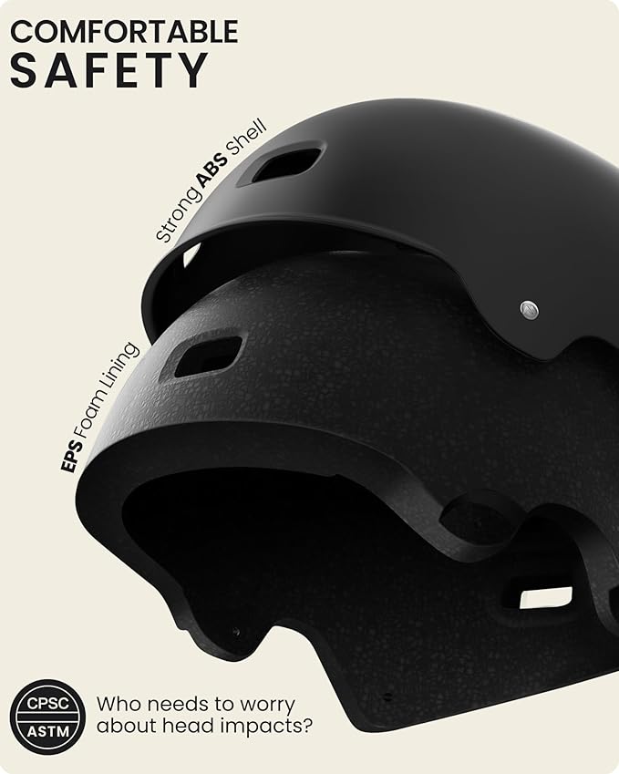 OutdoorMaster Skateboard Cycling Helmet - Two Removable Liners Ventilation Multi-Sport Scooter Roller Skate Inline Skating Rollerblading for  Adults-Black-Medium