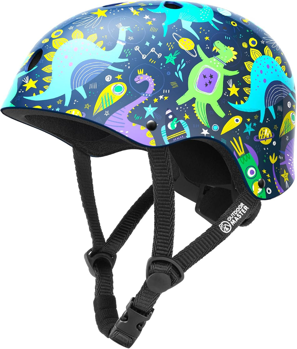 OutdoorMaster Youth & Kids Bike Helmet - Adjustable Multi-Sports Skateboard Helmet with Removable Liners for Balance Bike, Kids Scooter, One Wheel Hoverboard,Graffiti-style helmet-Dinoverse Madness-Large
