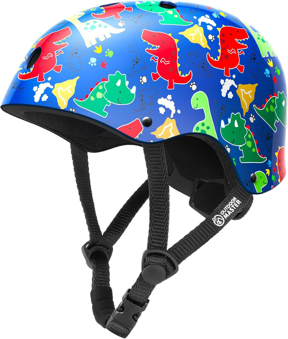 OutdoorMaster Youth & Kids Bike Helmet - Adjustable Multi-Sports Skateboard Helmet with Removable Liners for Balance Bike, Kids Scooter, One Wheel Hoverboard,Graffiti-style helmet-Dino Volcanoland-Medium