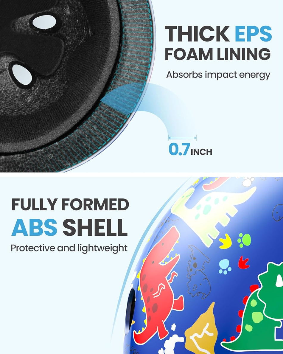 OutdoorMaster Youth & Kids Bike Helmet - Adjustable Multi-Sports Skateboard Helmet with Removable Liners for Balance Bike, Kids Scooter, One Wheel Hoverboard,Graffiti-style helmet-Dino Volcanoland-Medium