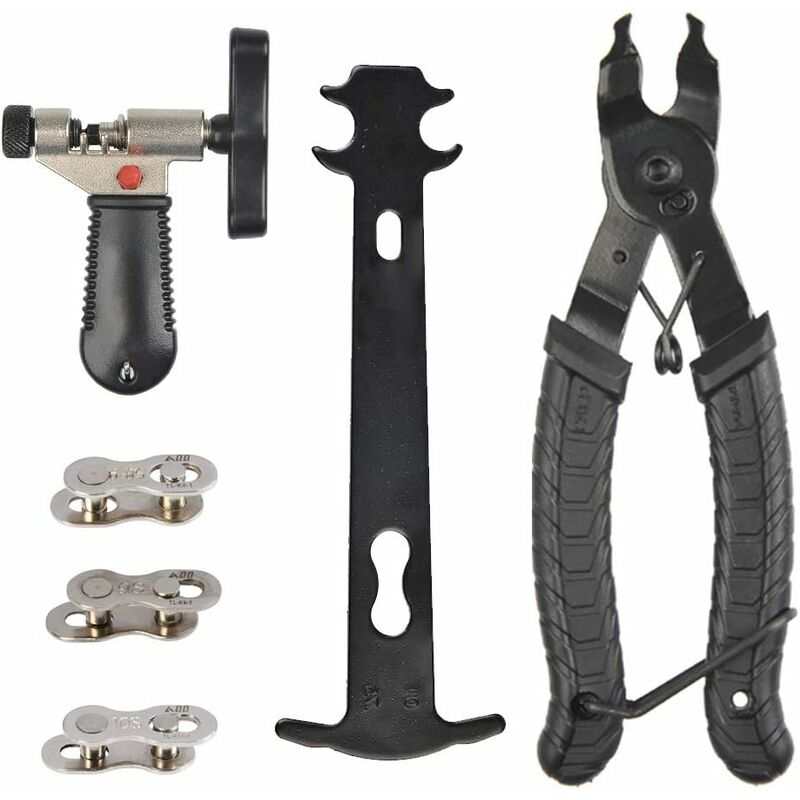 4-in-1 bicycle repair tool kit with chain breaker, master link pliers, measuring ruler, and missing link connectors