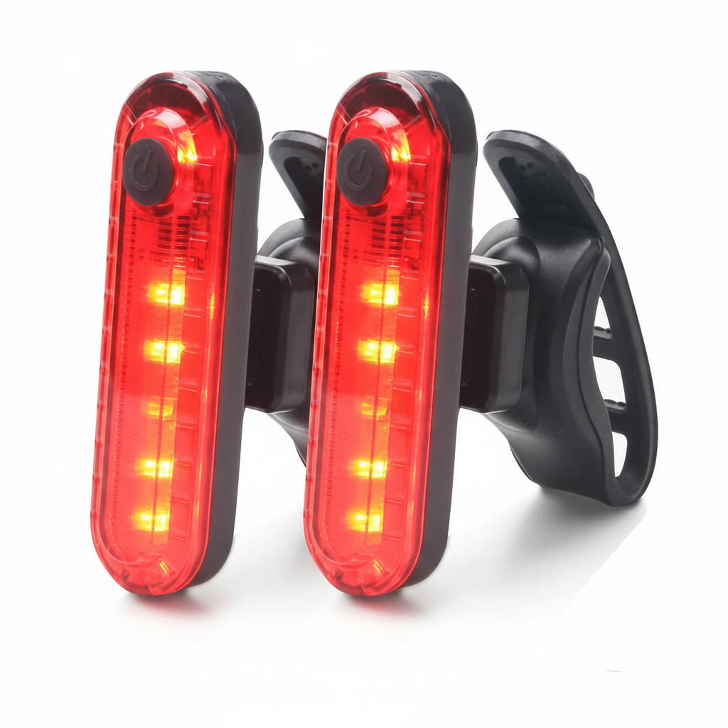 Two super bright USB rechargeable bike tail lights with wide-angle lenses and clip mounts