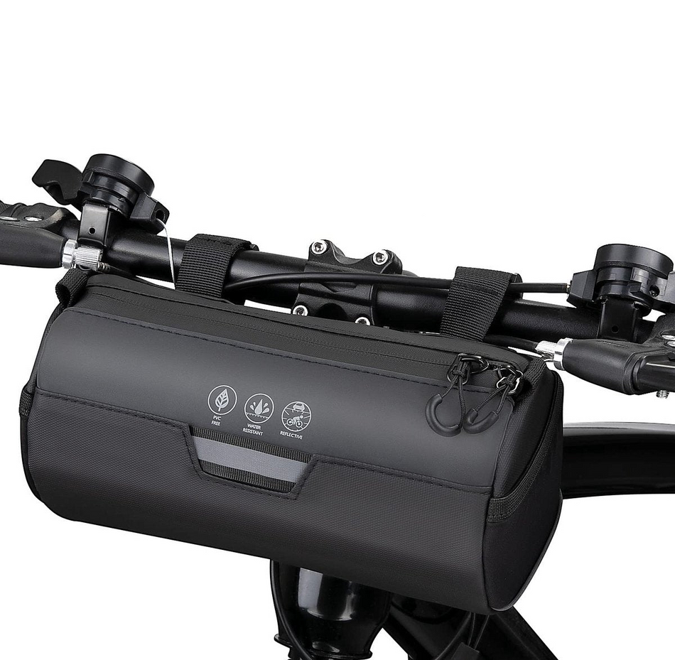 Waterproof 2L bicycle handlebar bag with roll-top closure and durable straps