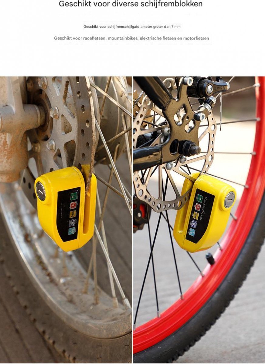 Bicycle disc brake lock - Disc brake alarm - With reminder cable - 7 mm - Motorcycle lock - Scooter lock - Disc brake lock - Yellow