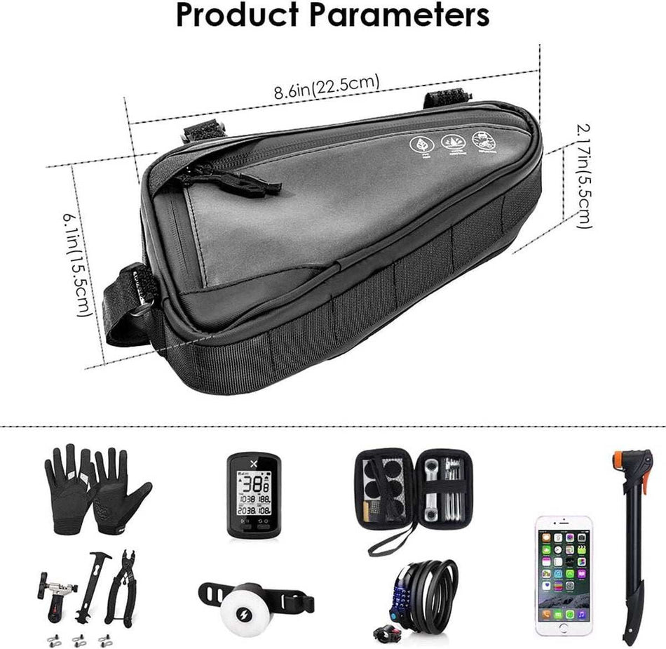 Bicycle pannier - Bicycle frame bag - Bicycle frame bag - Triangular bicycle frame bag - Storage bag - Reflective bicycle bag - Mountain bike, road bike accessories, large capacity - Black