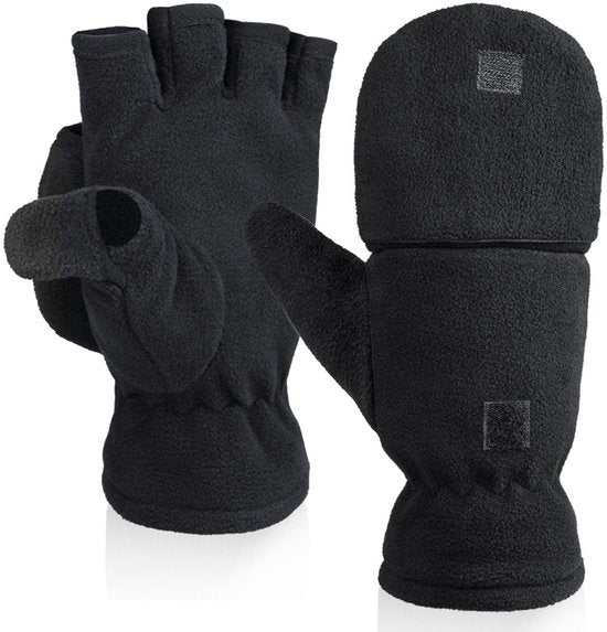 Unisex warm black fleece gloves with flip-top mitten design for versatility and warmth
