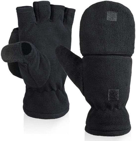 Unisex warm black fleece gloves with flip-top mitten design for versatility and warmth