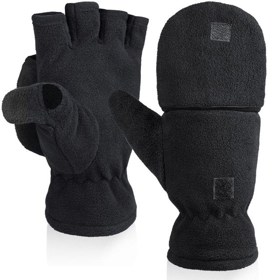 Unisex warm fleece gloves with fold-over top - Half-finger gloves - Warm gloves - Half-finger design - Suitable for writing, cycling, photo sessions with your partner - Winter gloves - Winter gift - Warm - Black M