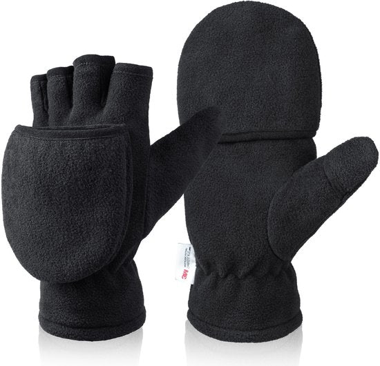 Unisex warm fleece gloves with fold-over top - Half-finger gloves - Warm gloves - Half-finger design - Suitable for writing, cycling, photo sessions with your partner - Winter gloves - Winter gift - Warm - Black XL