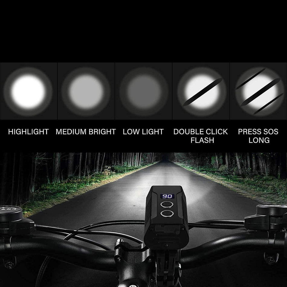 Bicycle lamp - High lumen bicycle headlamp, 2 LEDs - Super bright headlamp - 7 modes for all bicycles, mountain bikes, racing bikes - Rechargeable via USB