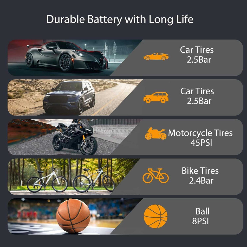 Bicycle pump - Portable digital air pump for cars, handy and wirelessly rechargeable, suitable for motorcycles, bicycles, boats and car tires.