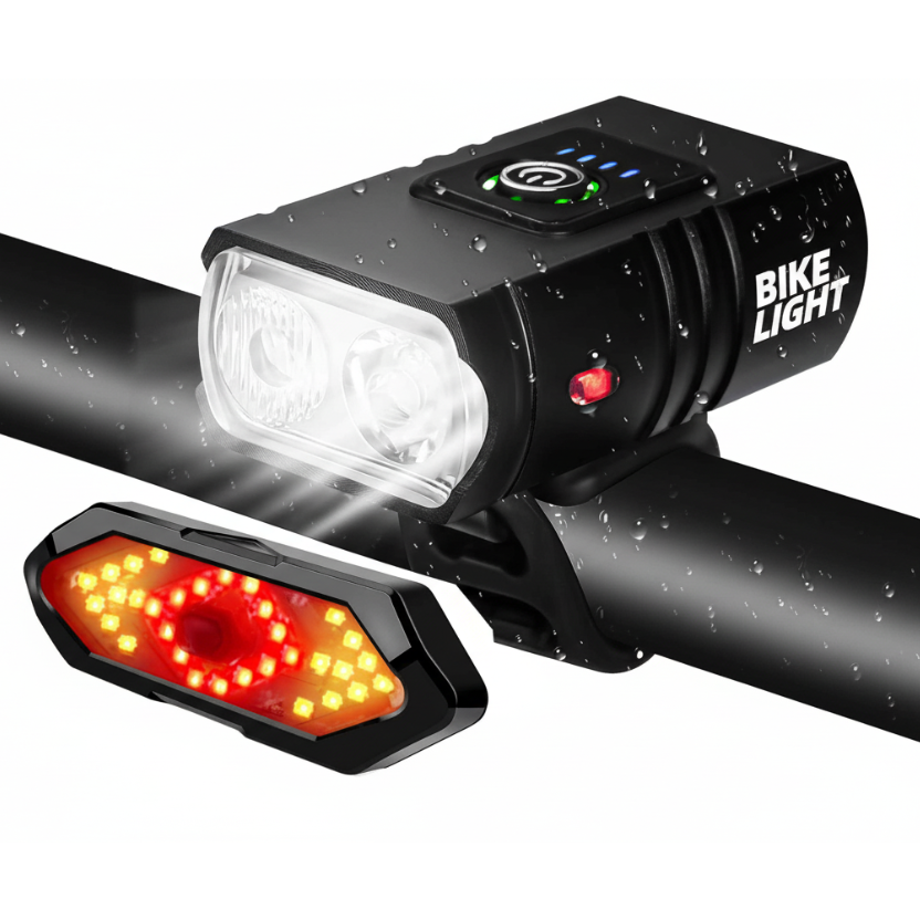 High-intensity bicycle lighting set with wireless remote-controlled headlight and taillight, designed for ultimate safety and visibility.