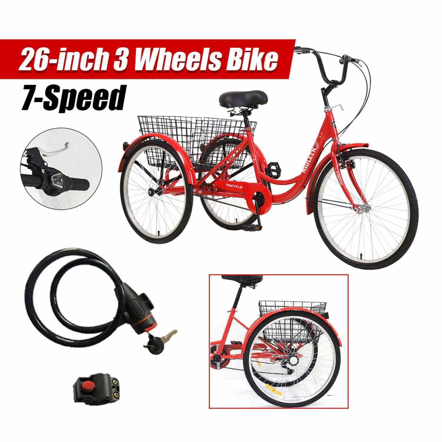 26 inch Adult Tricycle with 7-Speed | Red