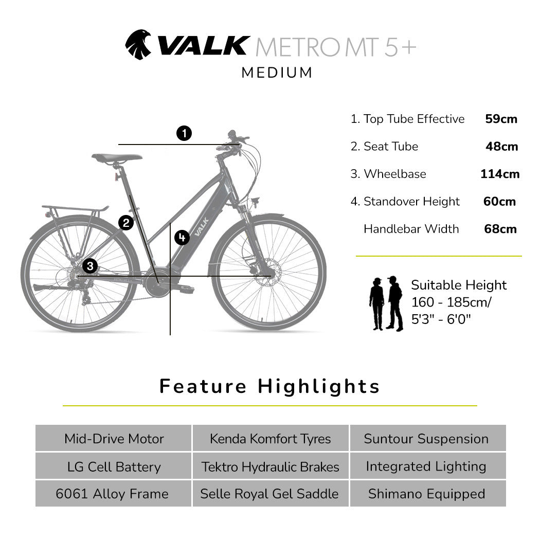 2023 VALK Metro MT 5 + Electric Hybrid Bike, Mid-Drive, Mixte Frame, Medium, Dark Grey-BicycleLab.com.au