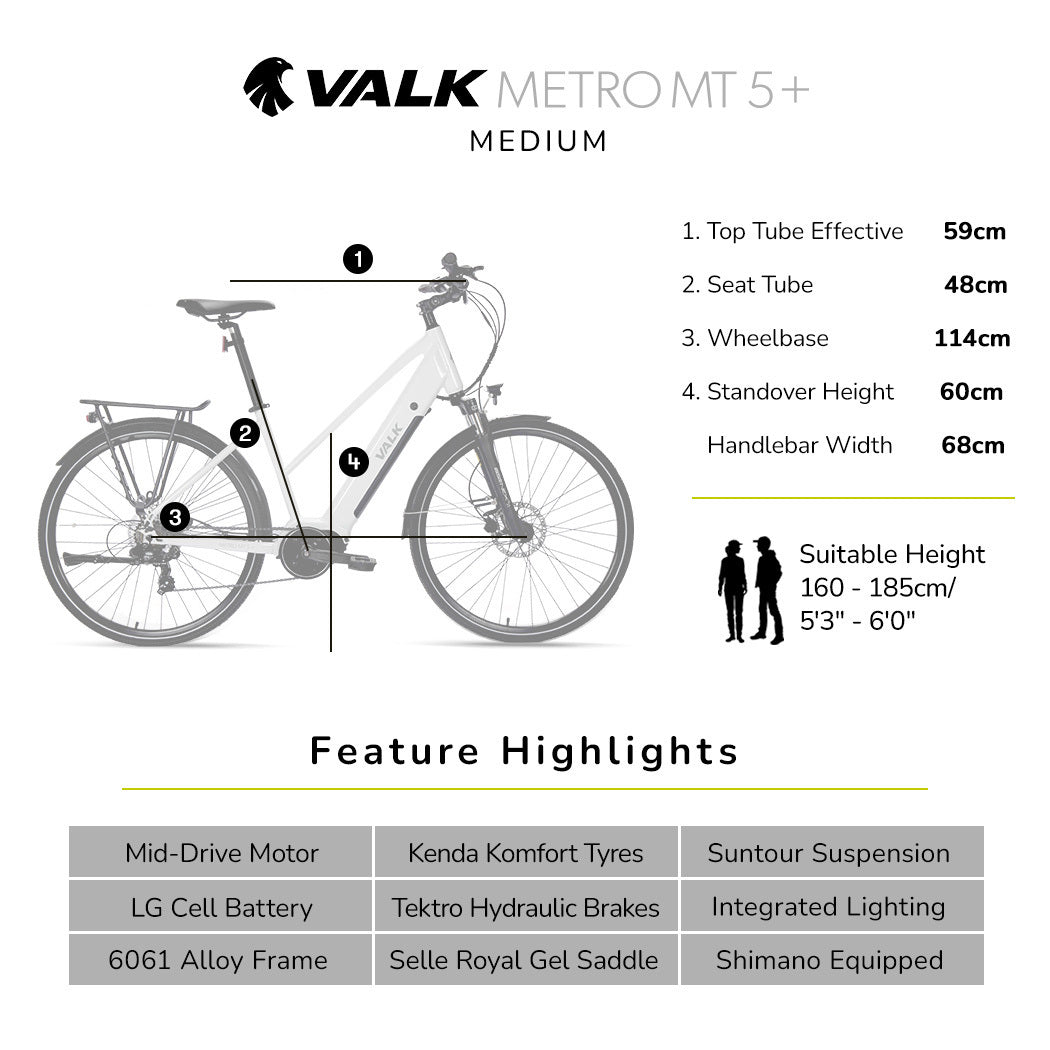 2023 VALK Metro MT 5 + Electric Hybrid Bike, Mid-Drive, Mixte Frame, Medium, White-BicycleLab.com.au