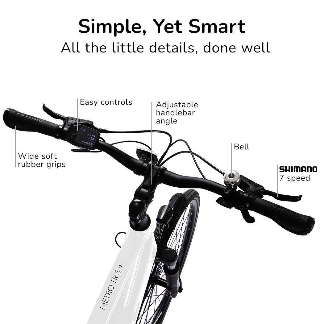 VALK Electric Bike Metro TR 5 + Hybrid Ebike Alloy Up to 85km w/ Battery 36V, Medium, White-BicycleLab.com.au