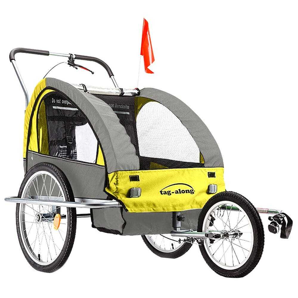Yellow Tag-Along Bike Trailer and Jogger with all-weather canopy, 3-point harness, and pneumatic tyres for children