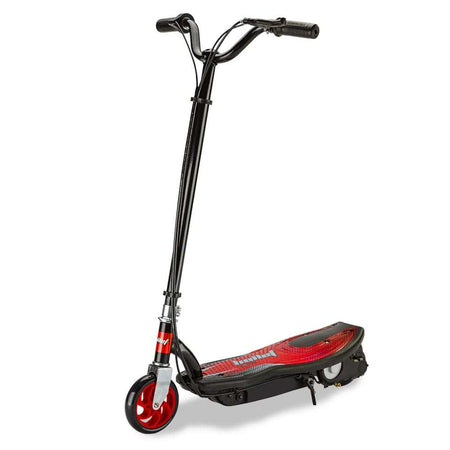 Foldable red electric kids scooter with 140W motor and rear handlebar brake system