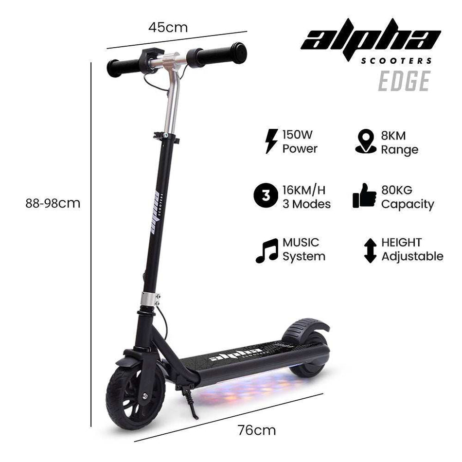 ALPHA Edge Electric Scooter Kids/Teens, 16km/h Max, Adjustable Height, UL Certified, AU Compliant, Dual Brakes, Bluetooth Music, LED, Black