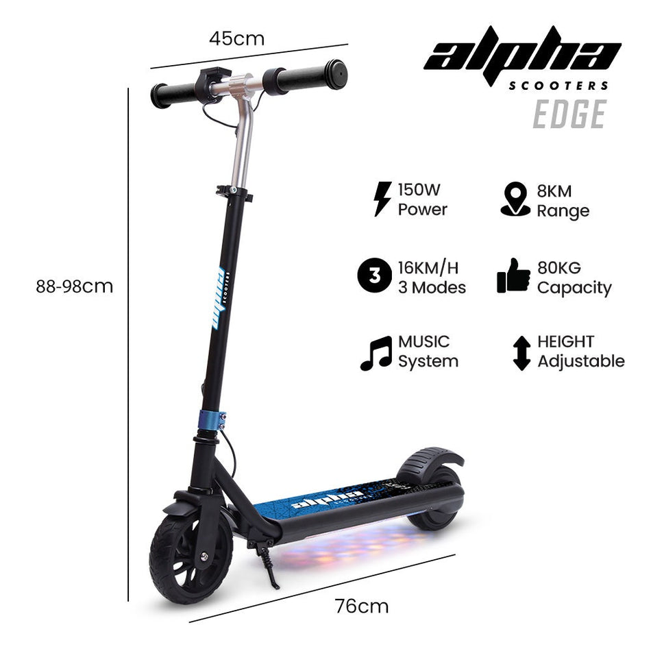 ALPHA Edge Electric Scooter Kids/Teens, 16km/h Max, Adjustable Height, UL Certified, AU Compliant, Dual Brakes, Bluetooth Music, LED, Blue