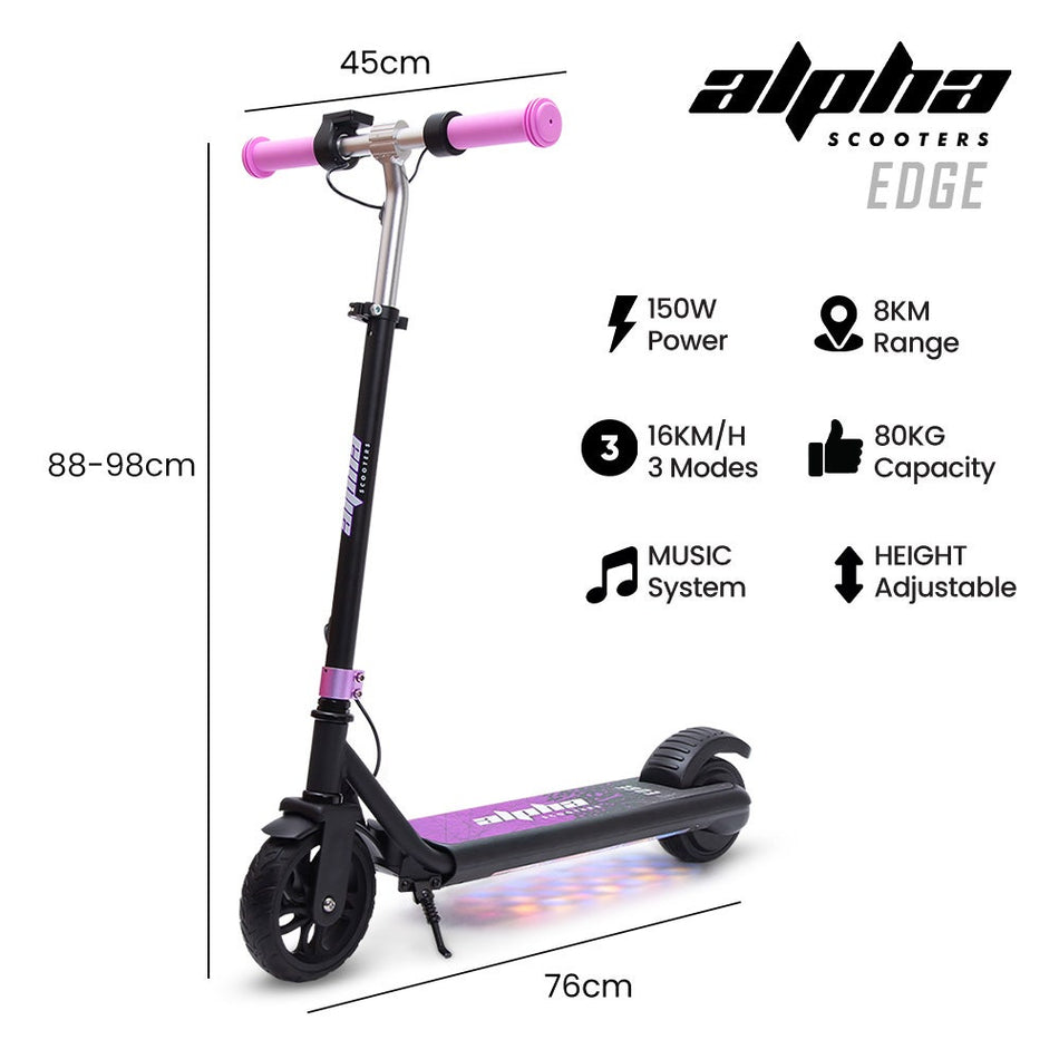 ALPHA Edge Electric Scooter Kids/Teens, 16km/h Max, Adjustable Height, UL Certified, AU Compliant, Dual Brakes, Bluetooth Music, LED, Pink