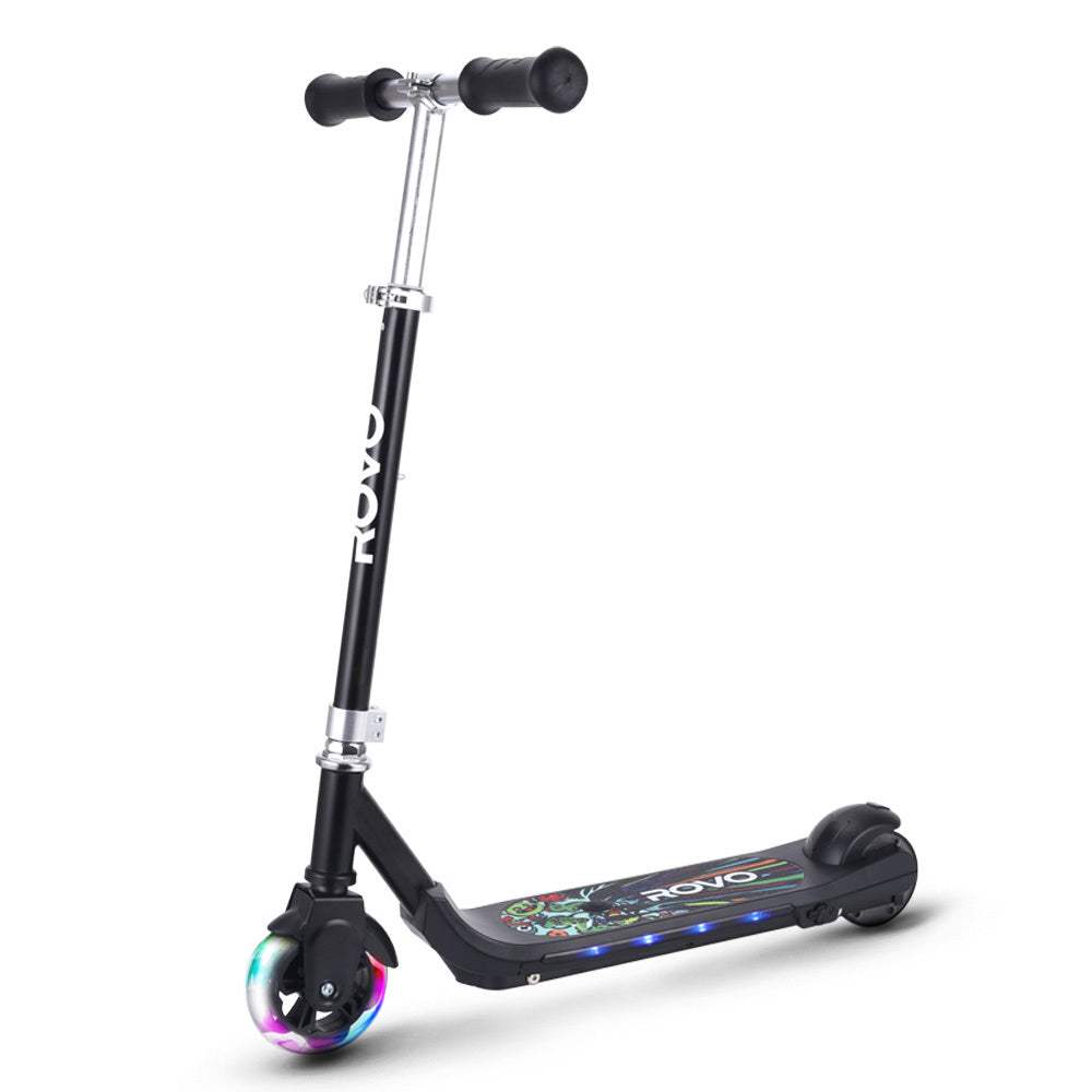 Rovo Kids WhizKid electric scooter for kids 5-11 with adjustable height, lithium battery, brushless motor, black with vibrant LED lights