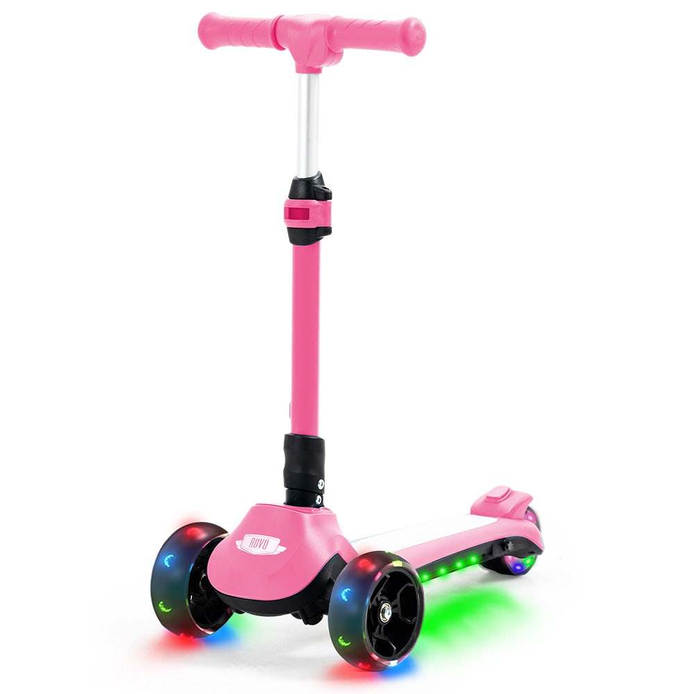Pink Rovo Kids 3-wheel electric scooter with adjustable height and flashing lights for ages 3-8