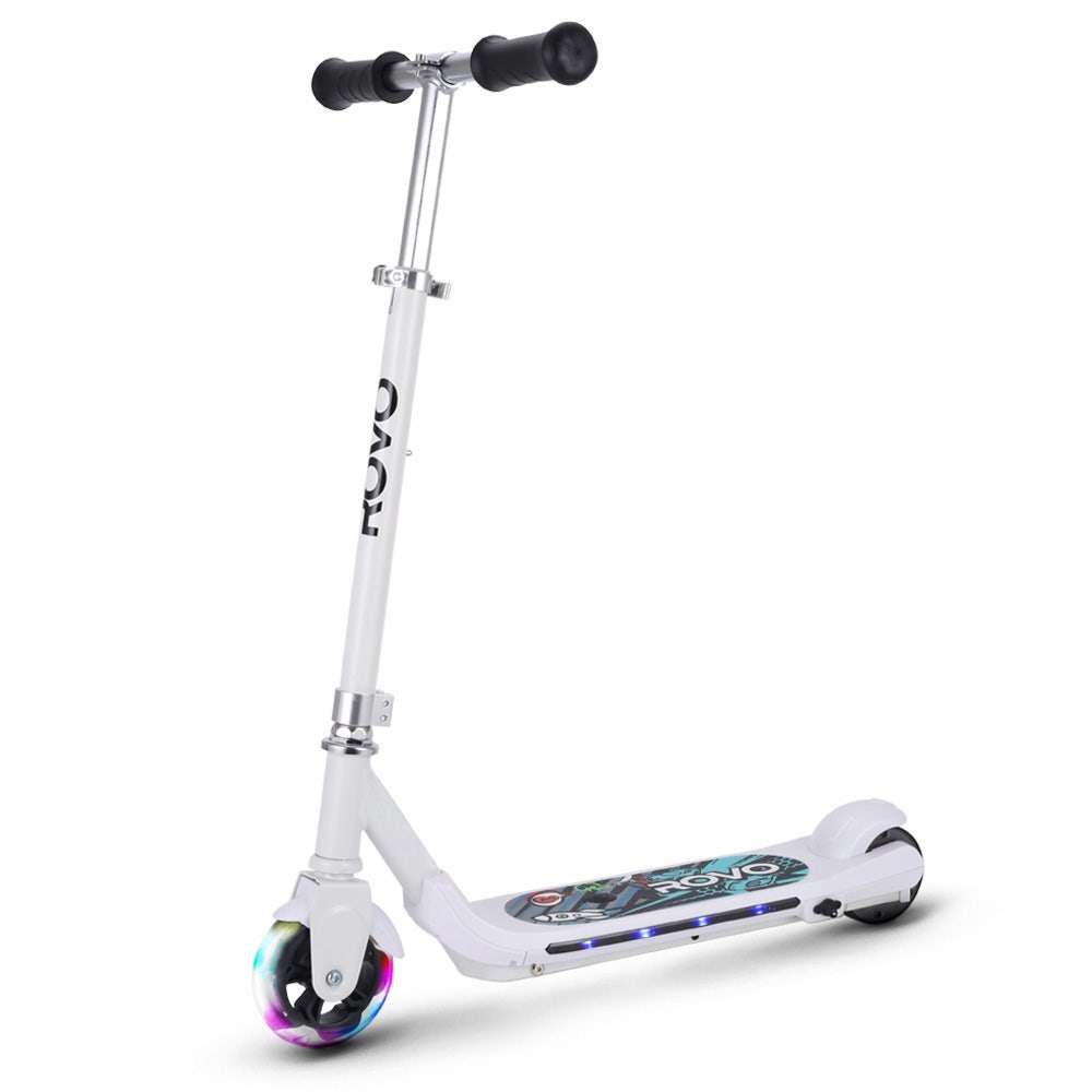 White ROVO KIDS WhizKid 5 inch electric scooter with brushless motor and colorful LED lights for kids ages 5-11