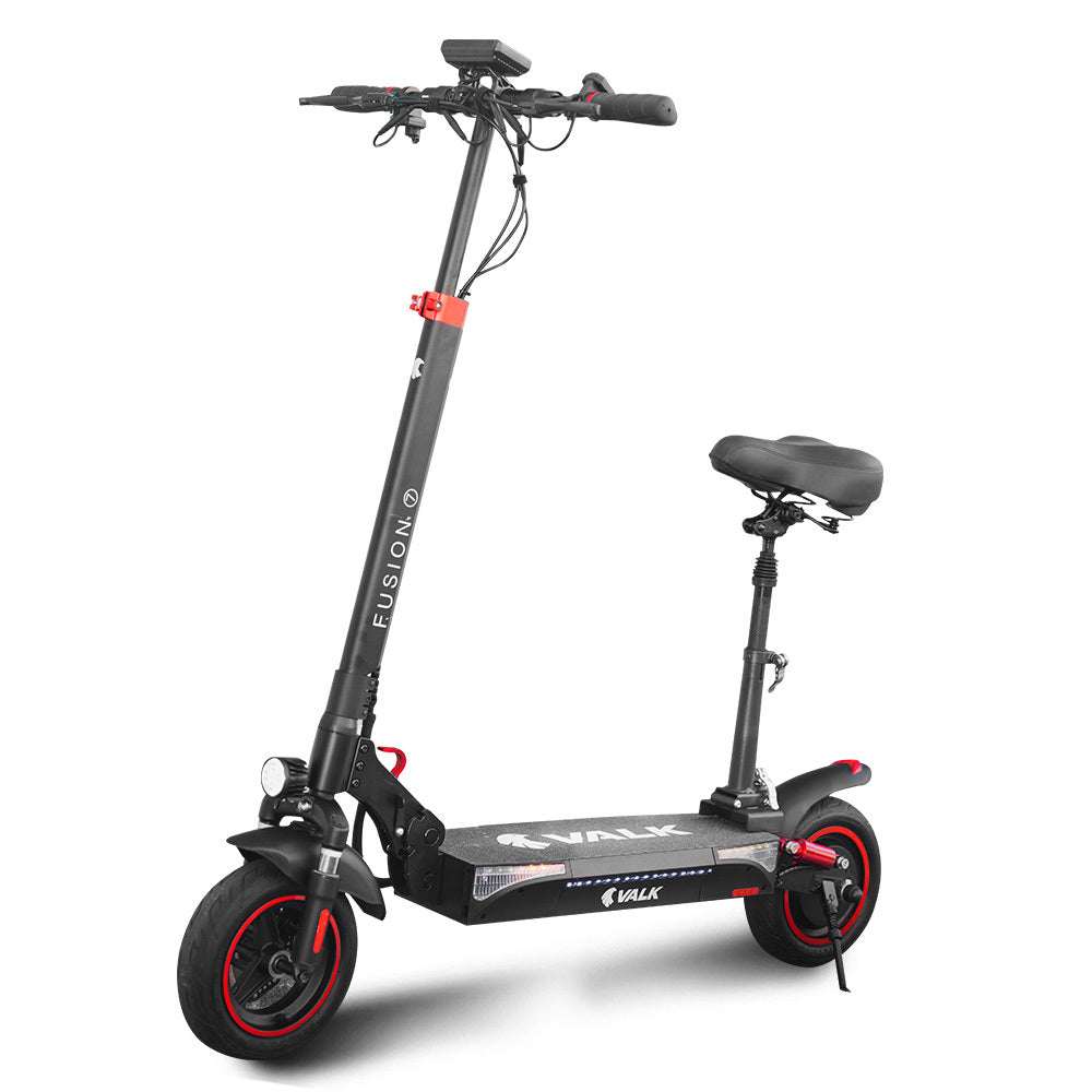 Valk Fusion 7 Electric Scooter with 800W motor, adjustable seat, 48V 13Ah battery, 50km range, quad shocks, and 10-inch tyres
