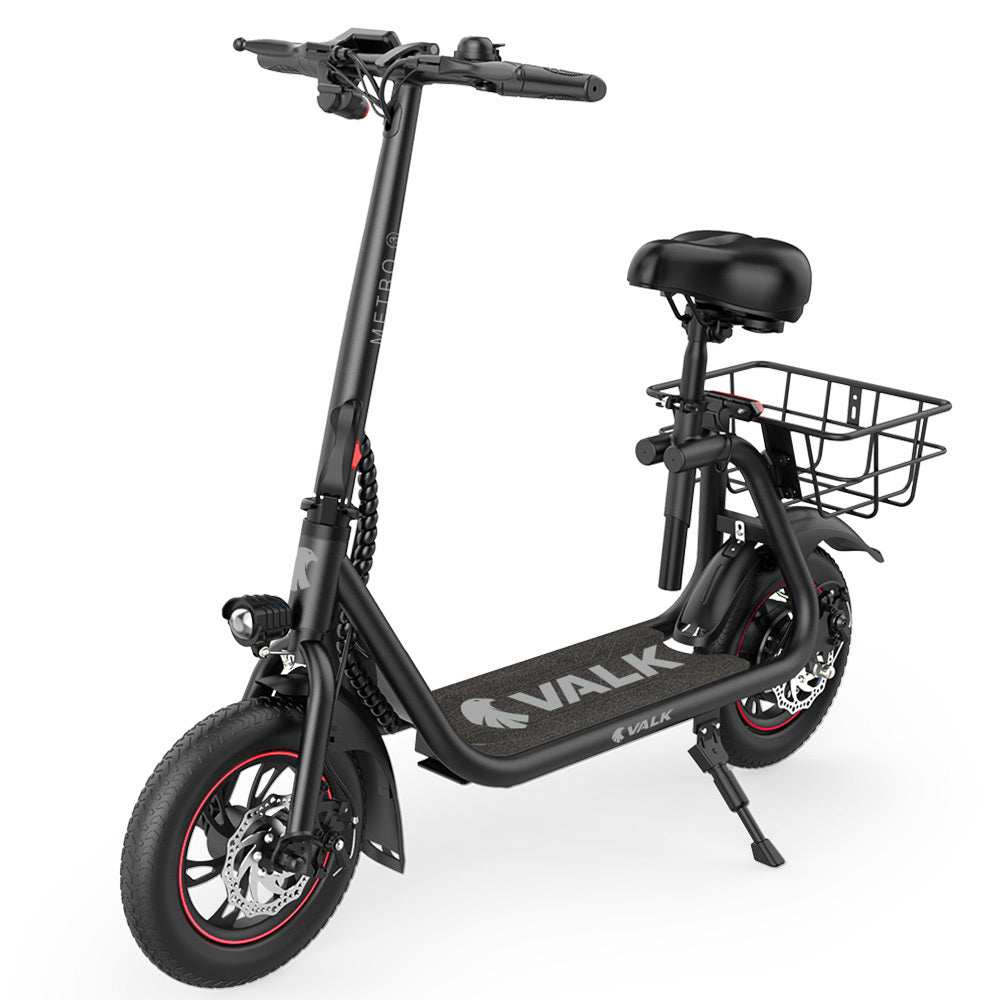 VALK Electric Scooter black model with seat, disc brakes, 12" tyres, foldable design for adults and teens